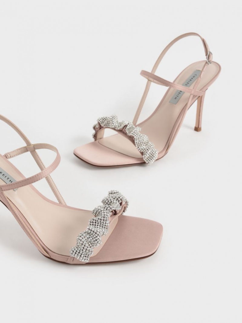 Sandale cu Toc Charles & Keith Gem-Embellished Satin Stiletto Roz | 438KQMPTD