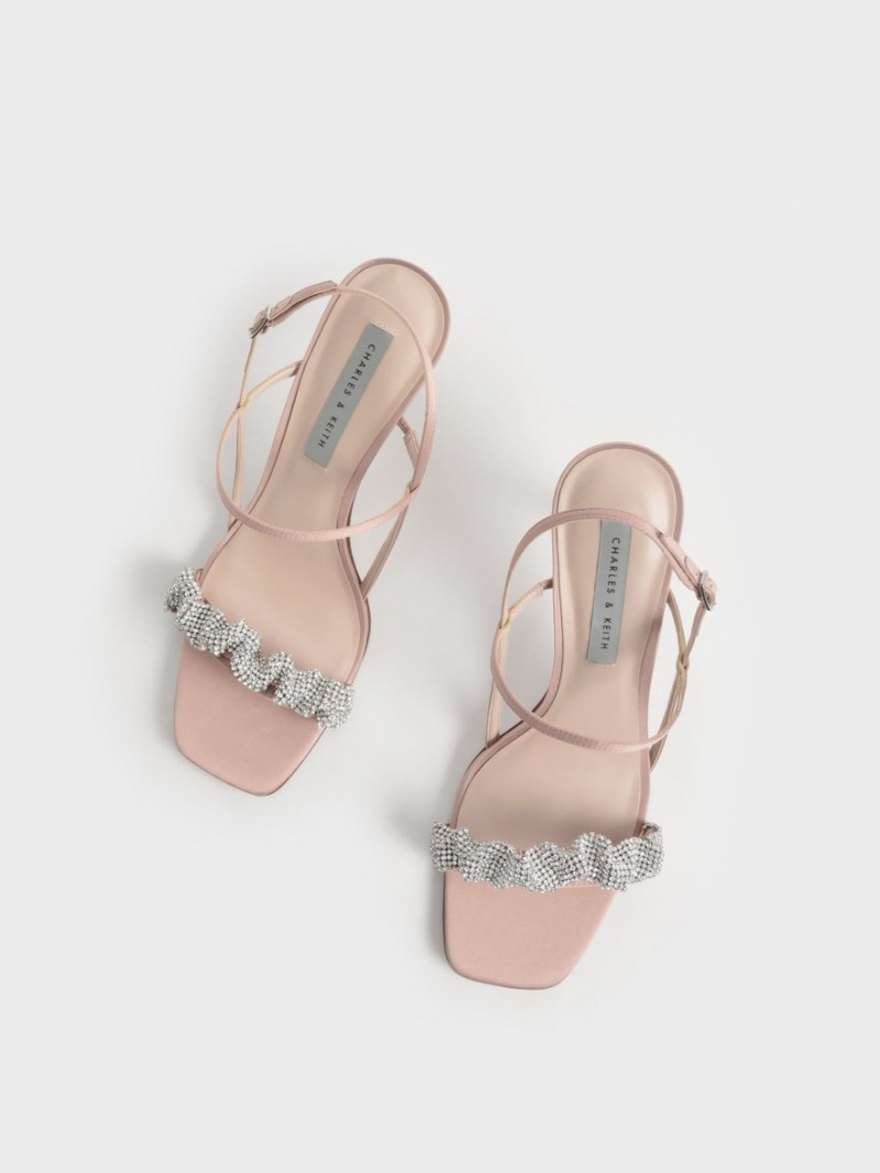 Sandale cu Toc Charles & Keith Gem-Embellished Satin Stiletto Roz | 438KQMPTD