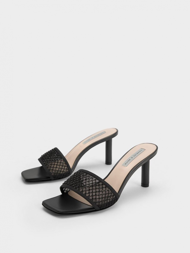 Sandale cu Toc Charles & Keith Gem-Encrusted Cylindrical Heel Mesh Negrii | 093BPGCVN