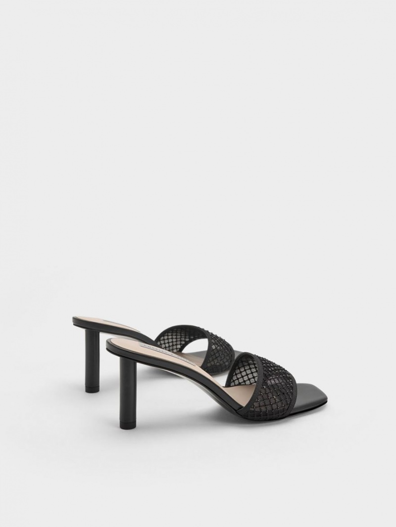Sandale cu Toc Charles & Keith Gem-Encrusted Cylindrical Heel Mesh Negrii | 093BPGCVN
