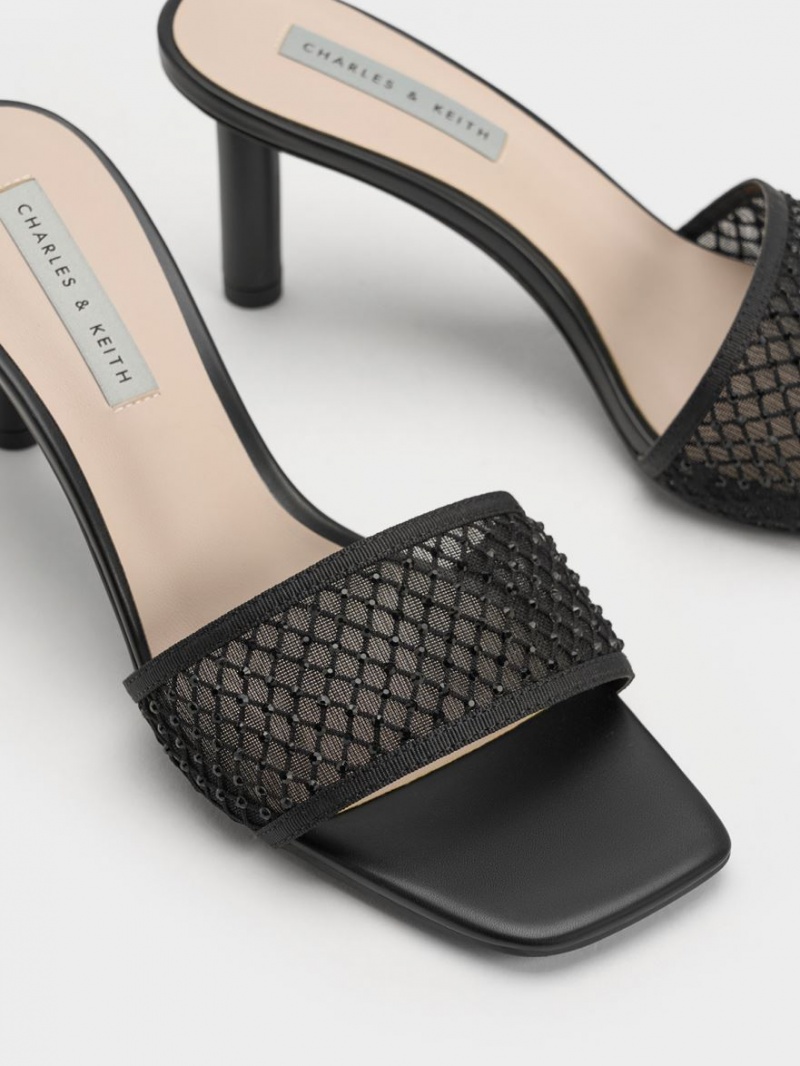 Sandale cu Toc Charles & Keith Gem-Encrusted Cylindrical Heel Mesh Negrii | 093BPGCVN