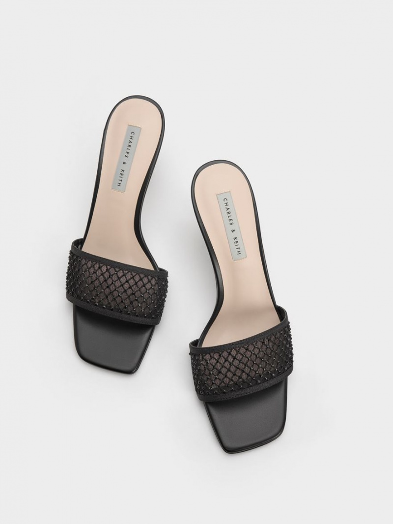 Sandale cu Toc Charles & Keith Gem-Encrusted Cylindrical Heel Mesh Negrii | 093BPGCVN