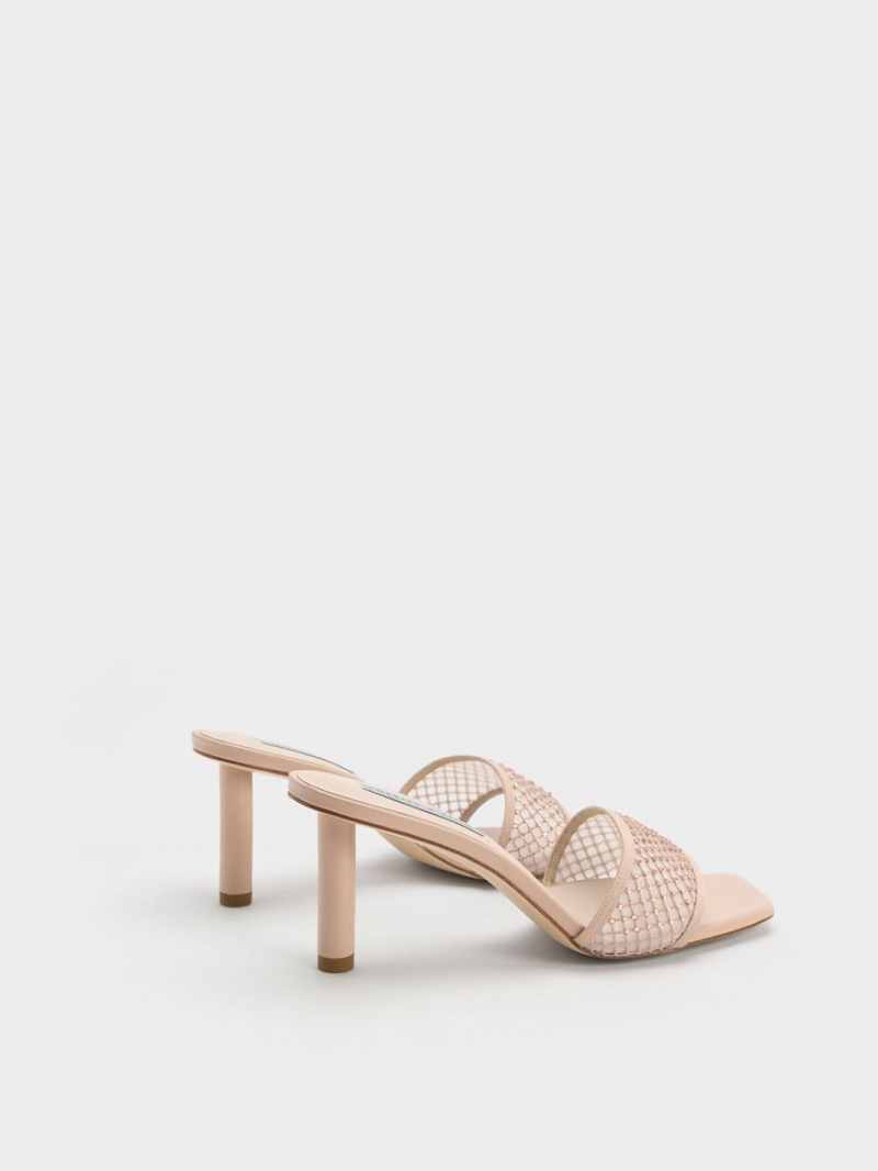 Sandale cu Toc Charles & Keith Gem-Encrusted Cylindrical Heel Mesh Bej | 461BWMHPN
