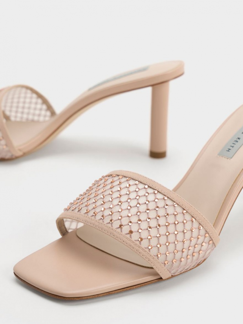 Sandale cu Toc Charles & Keith Gem-Encrusted Cylindrical Heel Mesh Bej | 461BWMHPN