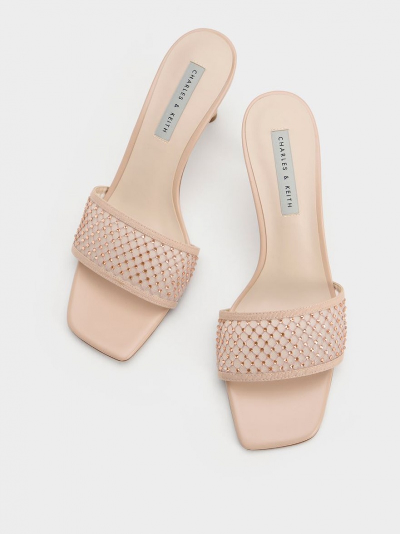 Sandale cu Toc Charles & Keith Gem-Encrusted Cylindrical Heel Mesh Bej | 461BWMHPN