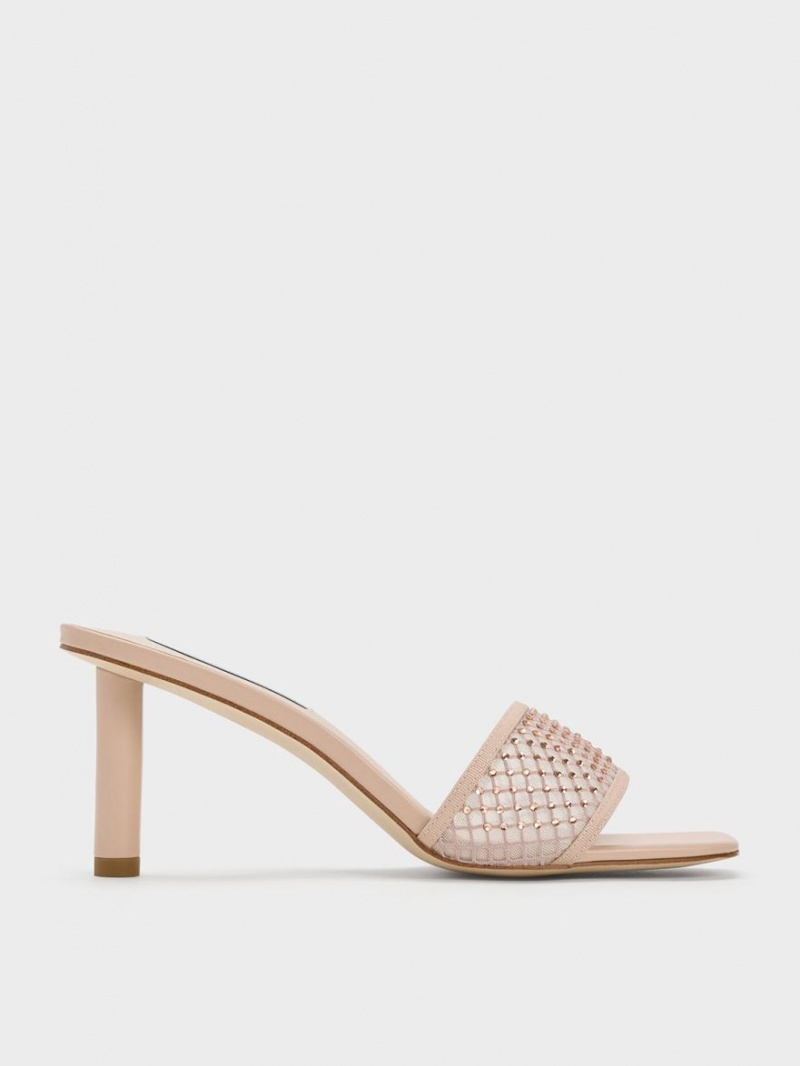 Sandale cu Toc Charles & Keith Gem-Encrusted Cylindrical Heel Mesh Bej | 461BWMHPN