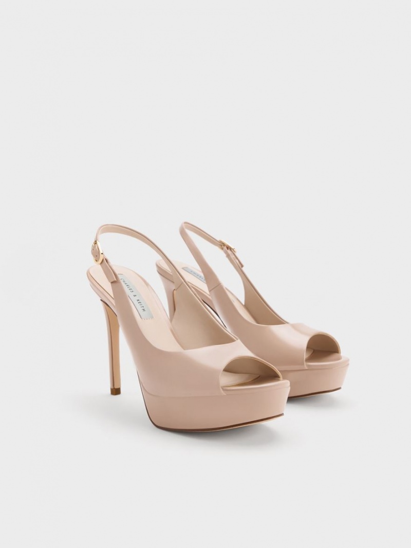 Sandale cu Toc Charles & Keith Lacuita Platforma Slingback Bej | 814VMSIAN