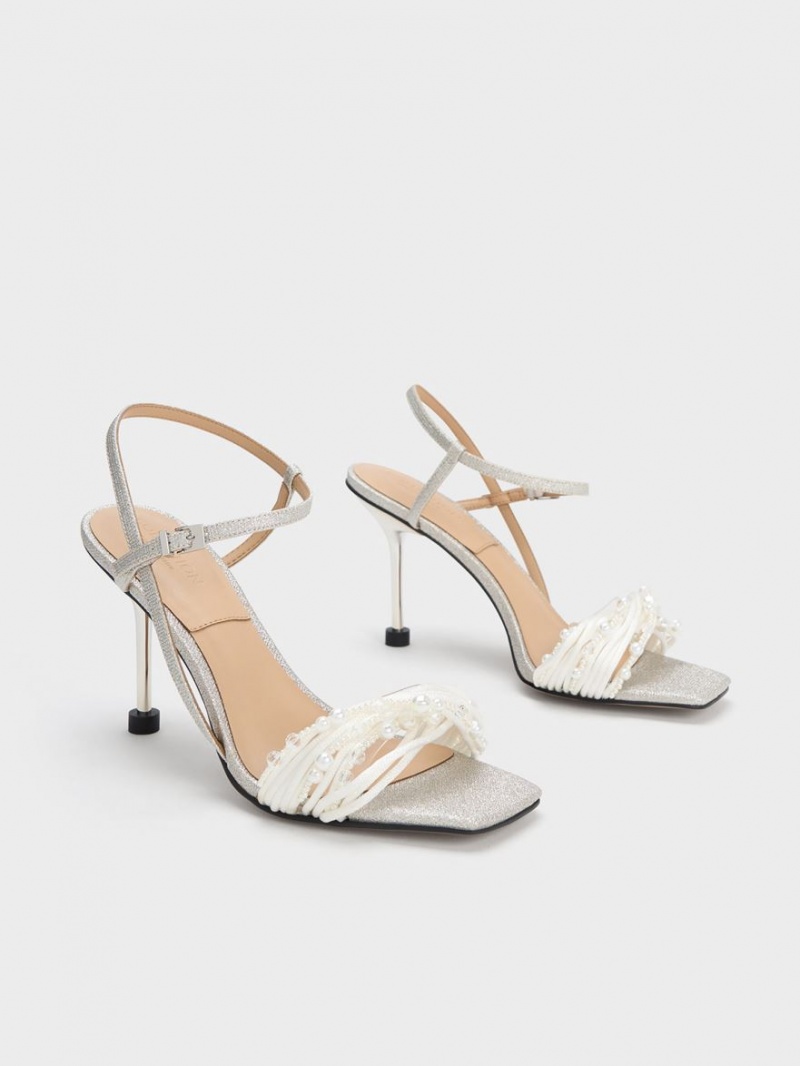 Sandale cu Toc Charles & Keith Leda Beaded Asymmetric Glittered Argintii | 957IBAGOE