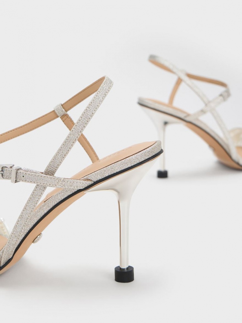 Sandale cu Toc Charles & Keith Leda Beaded Asymmetric Glittered Argintii | 957IBAGOE