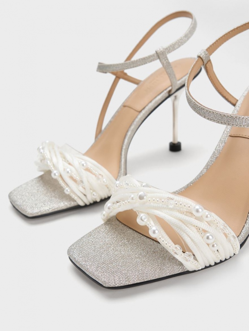 Sandale cu Toc Charles & Keith Leda Beaded Asymmetric Glittered Argintii | 957IBAGOE