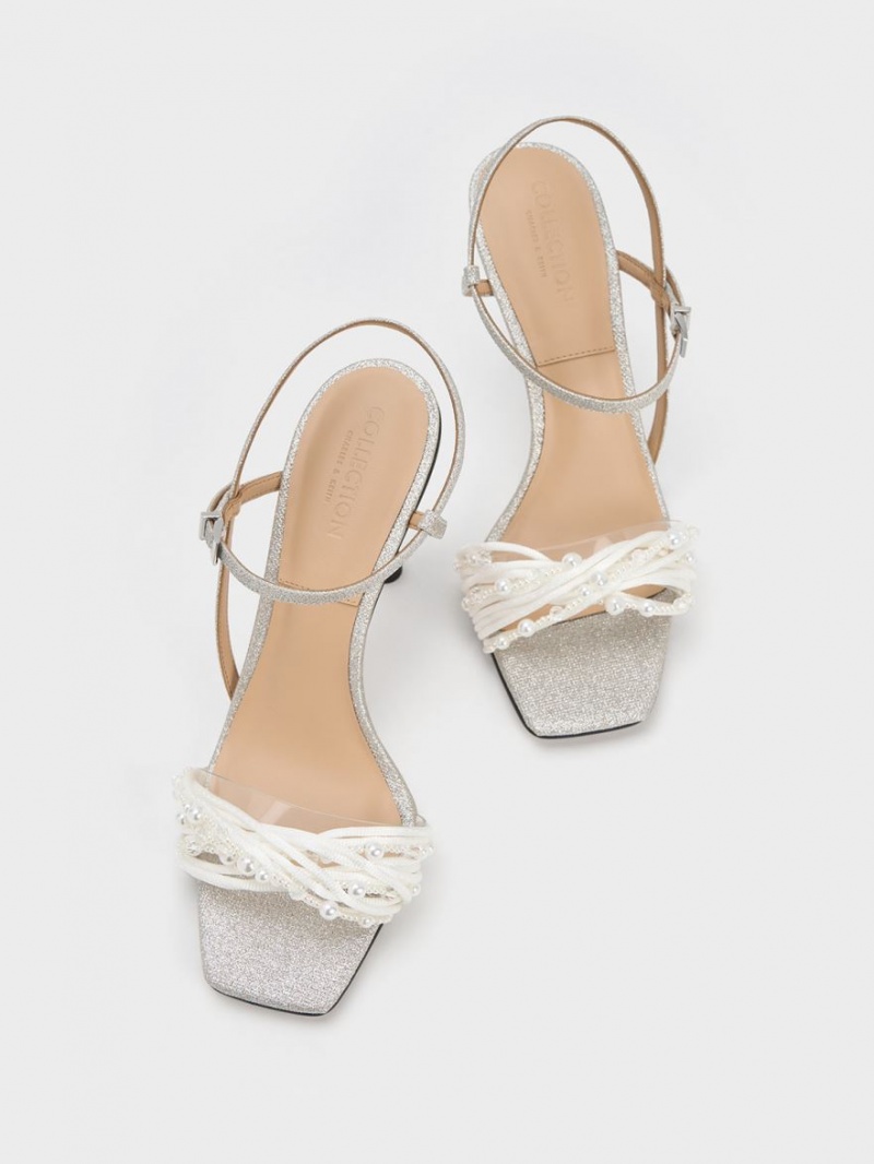 Sandale cu Toc Charles & Keith Leda Beaded Asymmetric Glittered Argintii | 957IBAGOE