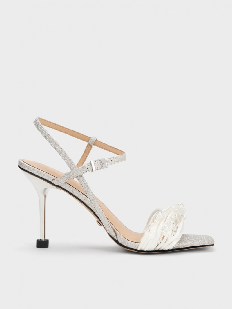 Sandale cu Toc Charles & Keith Leda Beaded Asymmetric Glittered Argintii | 957IBAGOE