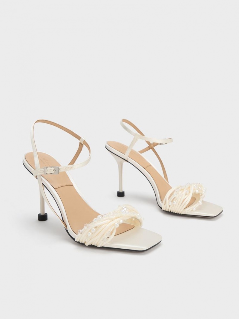 Sandale cu Toc Charles & Keith Leda Beaded Asymmetric Satin Albi | 380HPIJBG