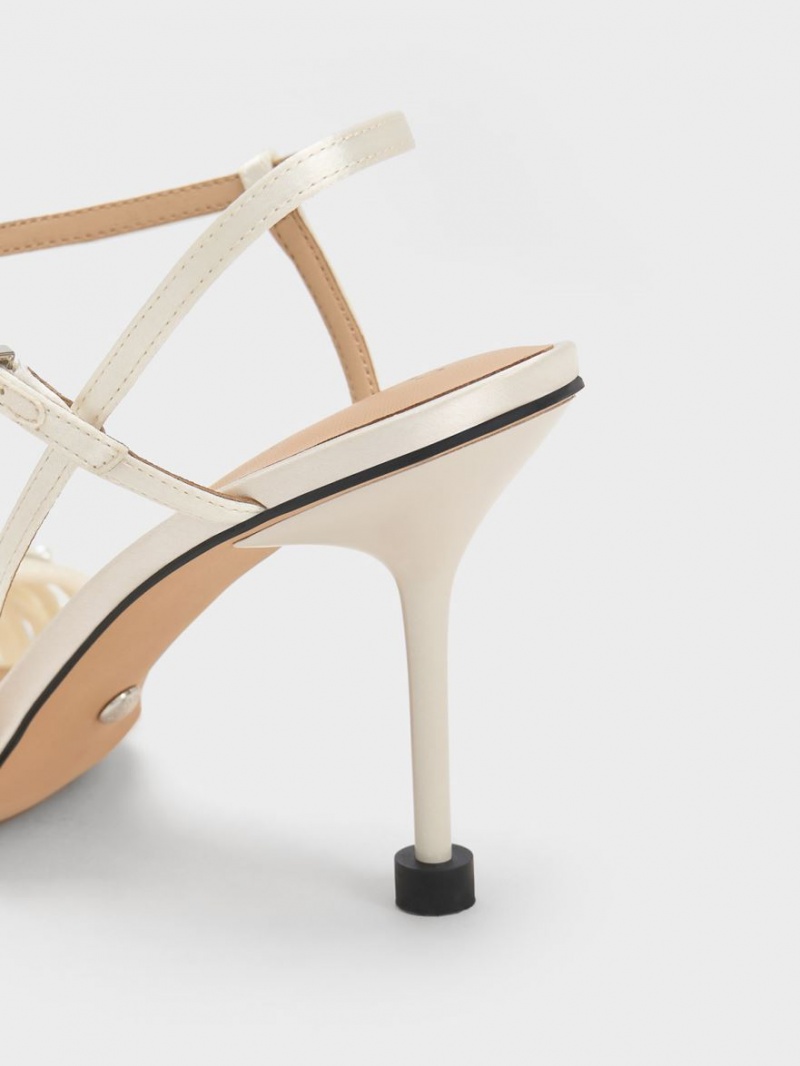 Sandale cu Toc Charles & Keith Leda Beaded Asymmetric Satin Albi | 380HPIJBG