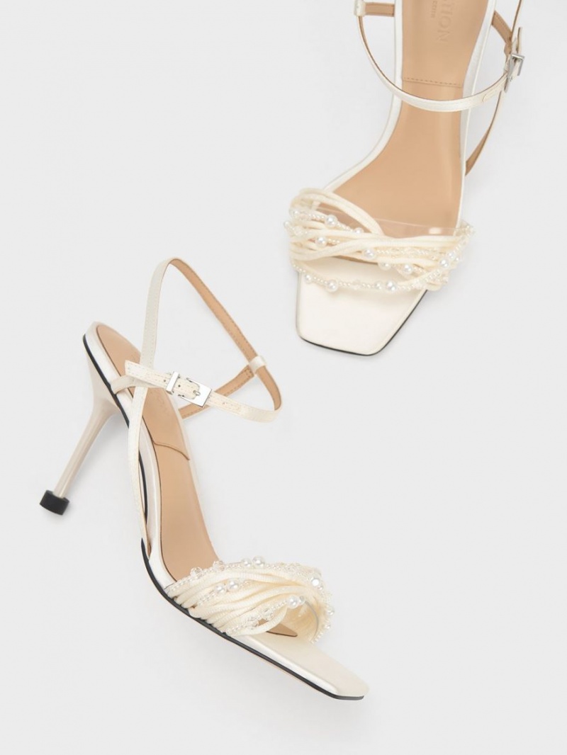 Sandale cu Toc Charles & Keith Leda Beaded Asymmetric Satin Albi | 380HPIJBG