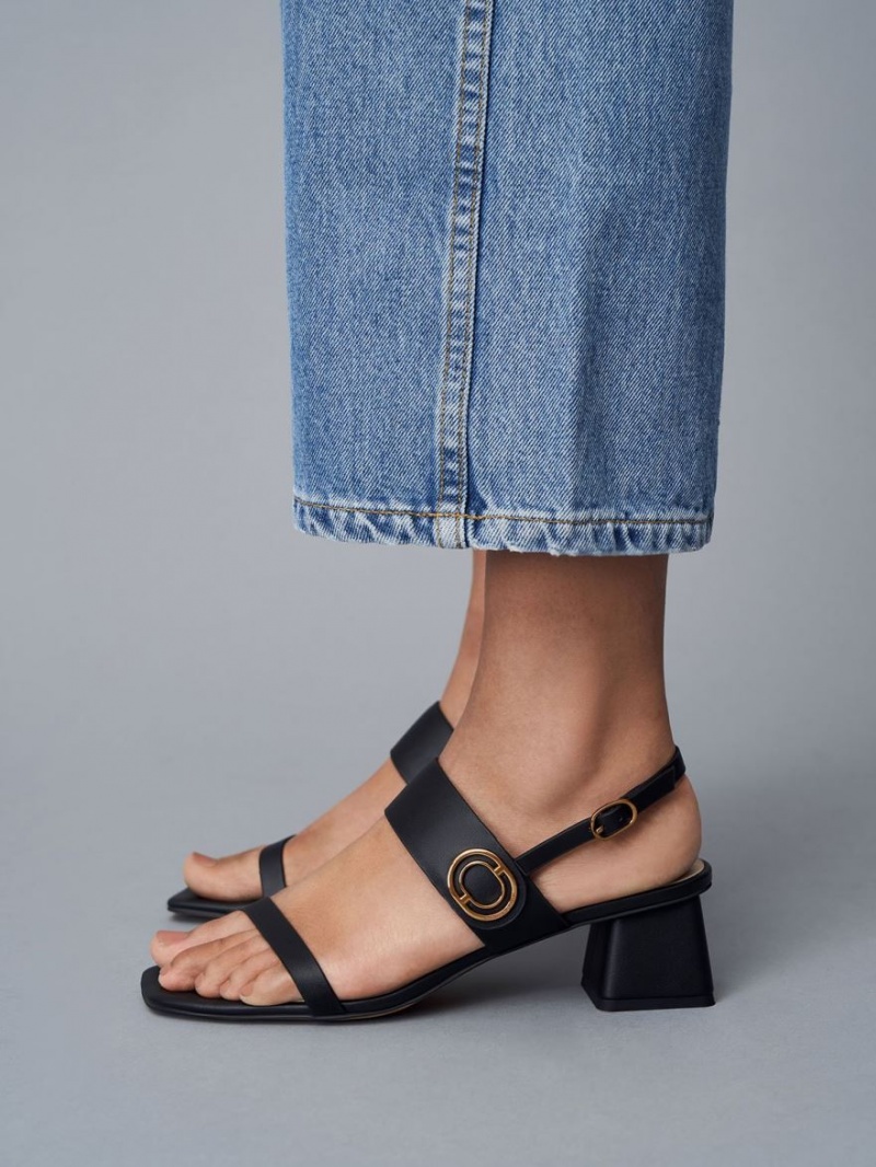Sandale cu Toc Charles & Keith Metallic Accent Trapeze Negrii | 069HJCNFV