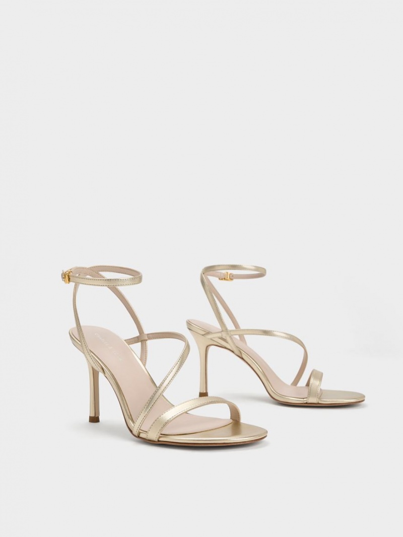 Sandale cu Toc Charles & Keith Metallic Asymmetric Cu Bretele Aurii | 867CMNTGS