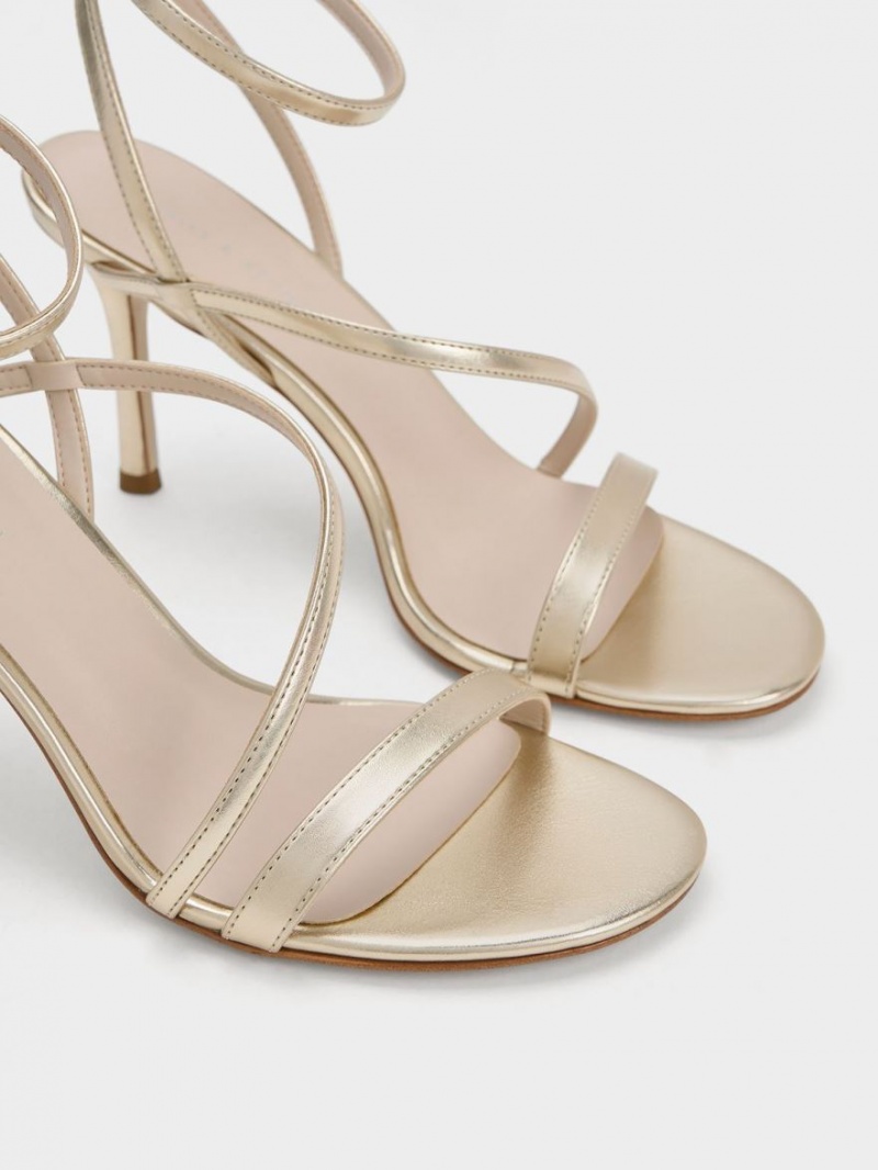 Sandale cu Toc Charles & Keith Metallic Asymmetric Cu Bretele Aurii | 867CMNTGS