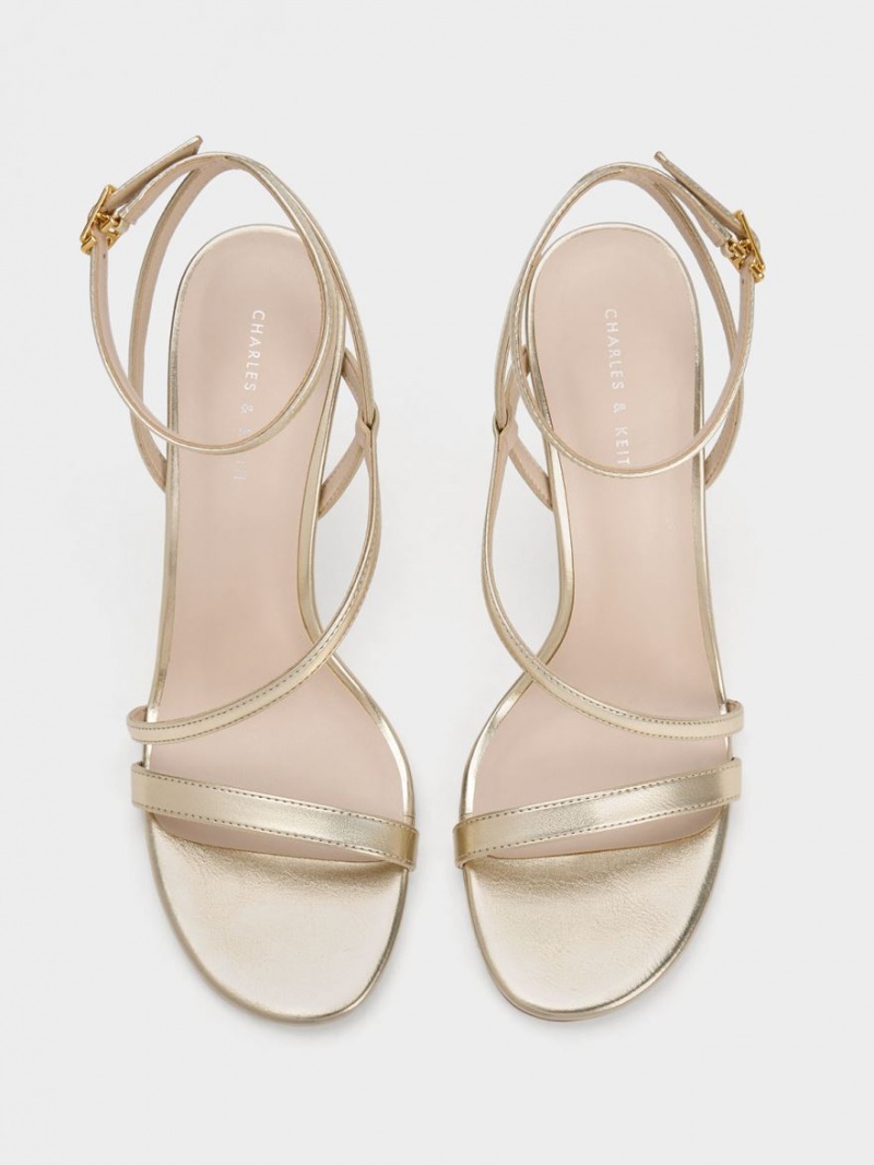 Sandale cu Toc Charles & Keith Metallic Asymmetric Cu Bretele Aurii | 867CMNTGS