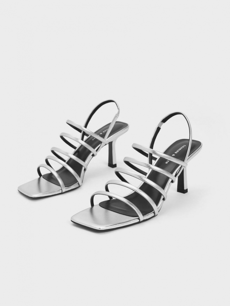 Sandale cu Toc Charles & Keith Metallic Cu Bretele Blade Argintii | 328CGRQOT