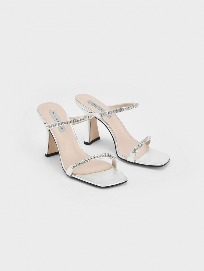 Sandale cu Toc Charles & Keith Metallic Gem-Encrusted Argintii | 359RGBXMO