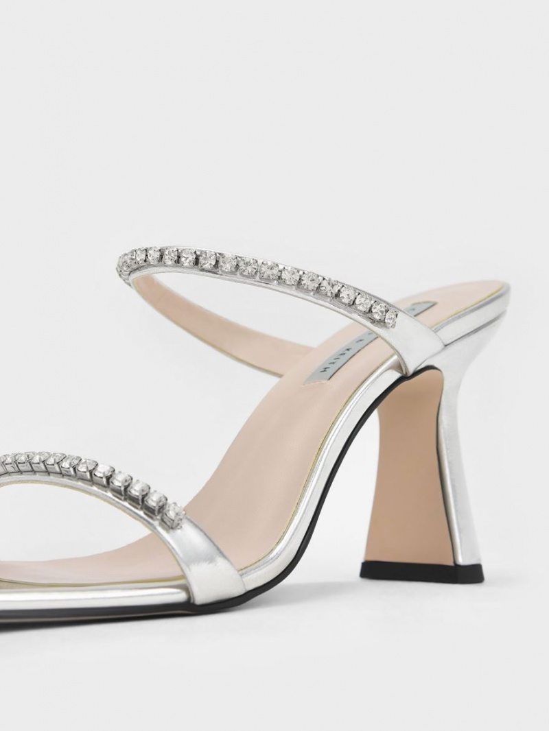 Sandale cu Toc Charles & Keith Metallic Gem-Encrusted Argintii | 359RGBXMO