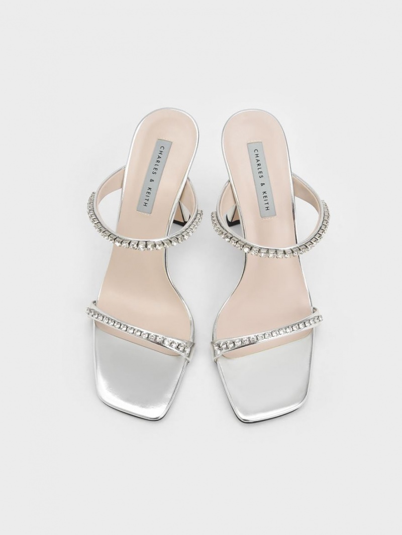Sandale cu Toc Charles & Keith Metallic Gem-Encrusted Argintii | 359RGBXMO