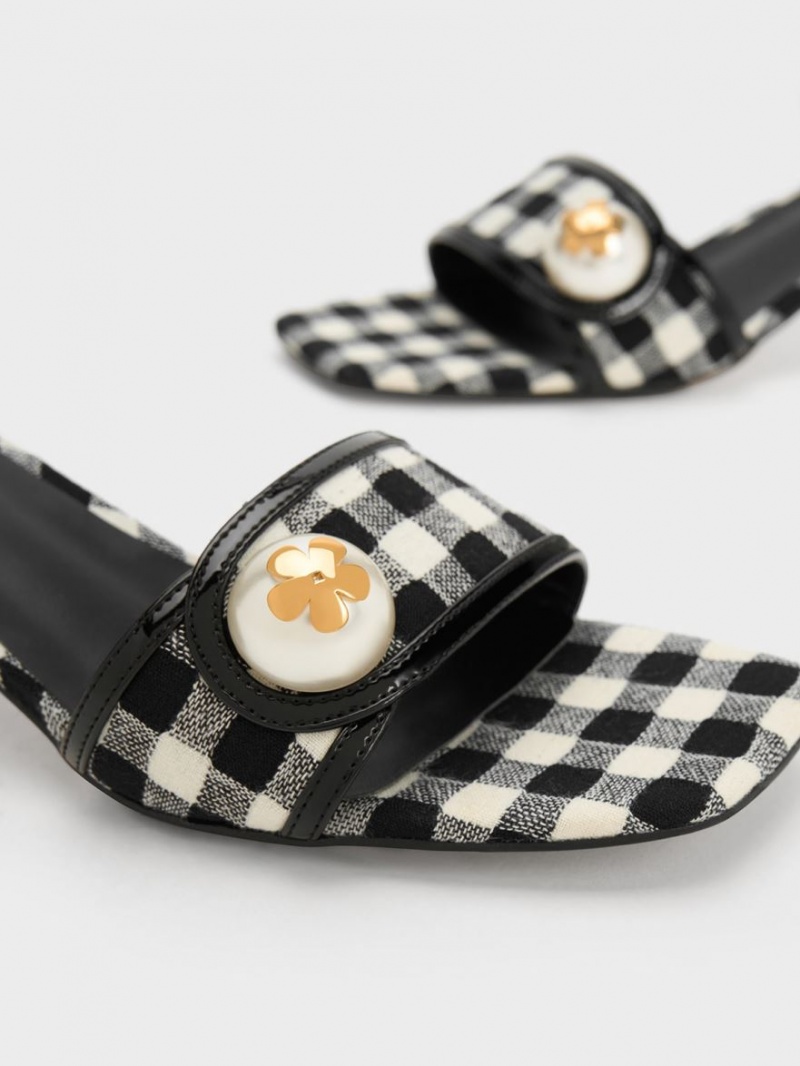 Sandale cu Toc Charles & Keith Pearl-Embellished Gingham Colorati | 801WVQTDU