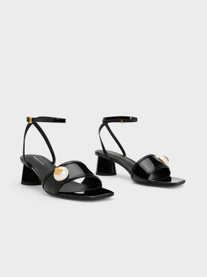 Sandale cu Toc Charles & Keith Pearl-Embellished Lacuita Negrii | 195XLQWUS