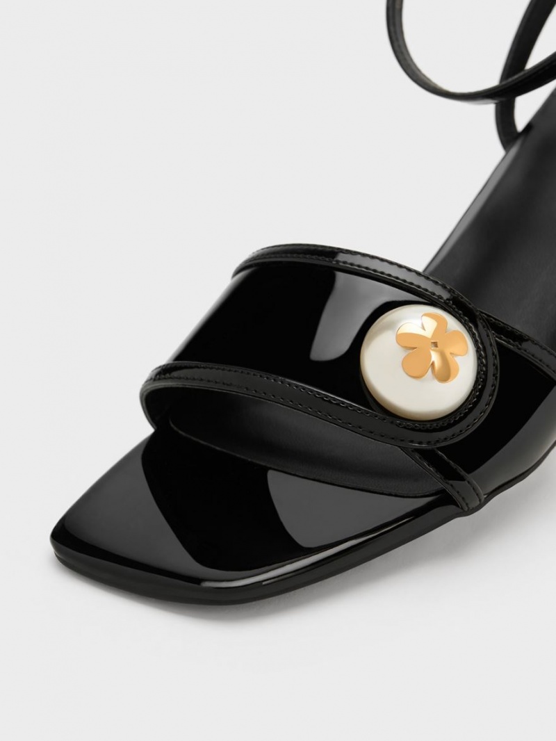 Sandale cu Toc Charles & Keith Pearl-Embellished Lacuita Negrii | 195XLQWUS