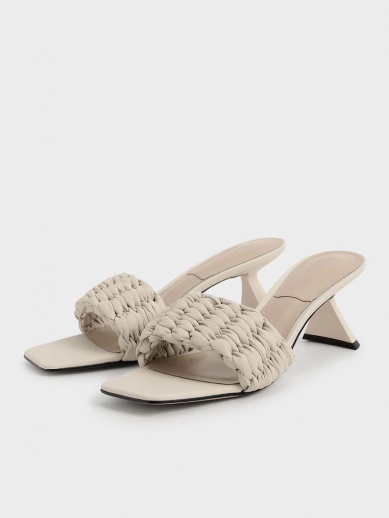 Sandale cu Toc Charles & Keith Plisat Sculptural Albi | 627NEHGZR