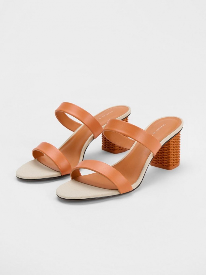 Sandale cu Toc Charles & Keith Rattan Block Portocalii | 258NAOBSI