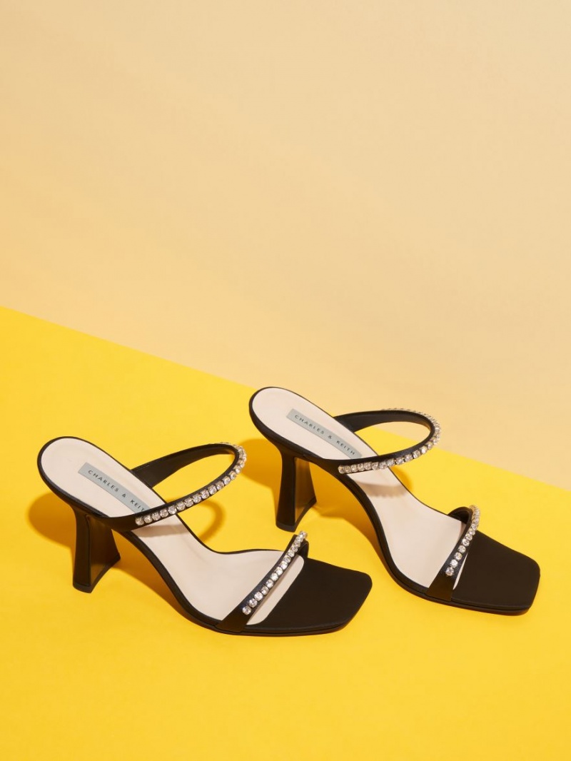 Sandale cu Toc Charles & Keith Satin Gem-Encrusted Negrii | 158DXSFAJ