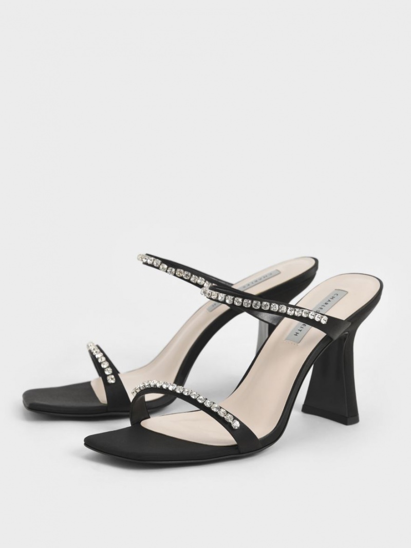 Sandale cu Toc Charles & Keith Satin Gem-Encrusted Negrii | 158DXSFAJ