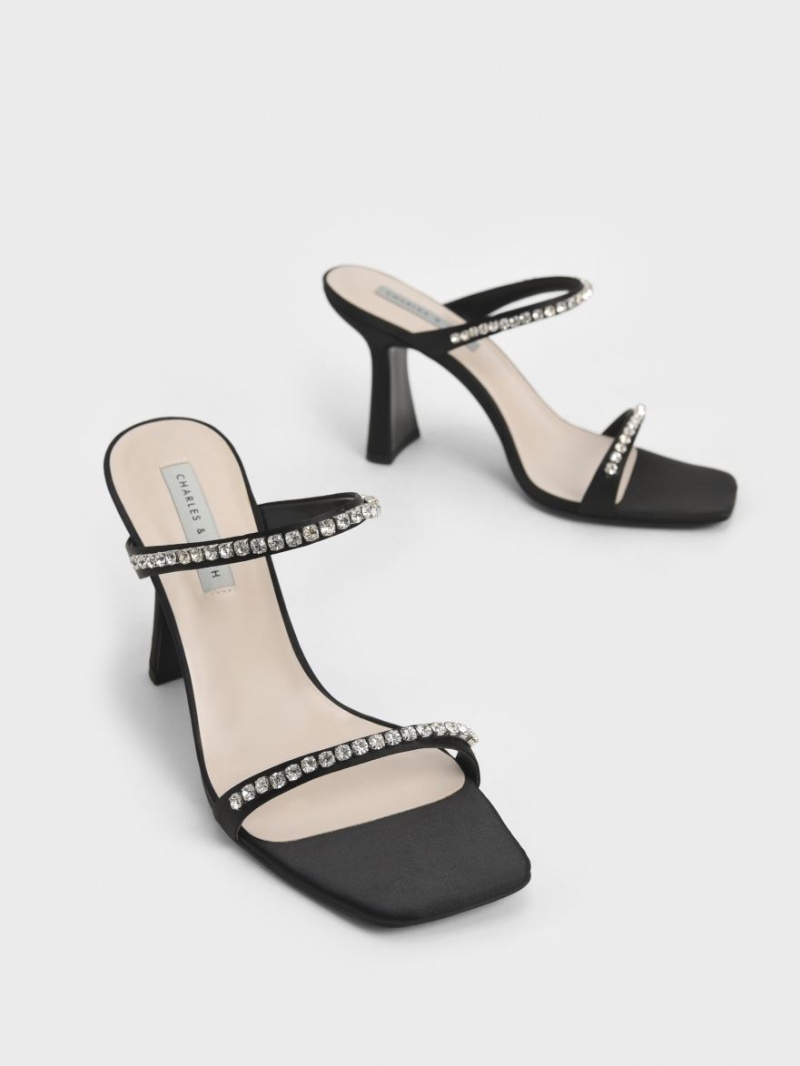 Sandale cu Toc Charles & Keith Satin Gem-Encrusted Negrii | 158DXSFAJ