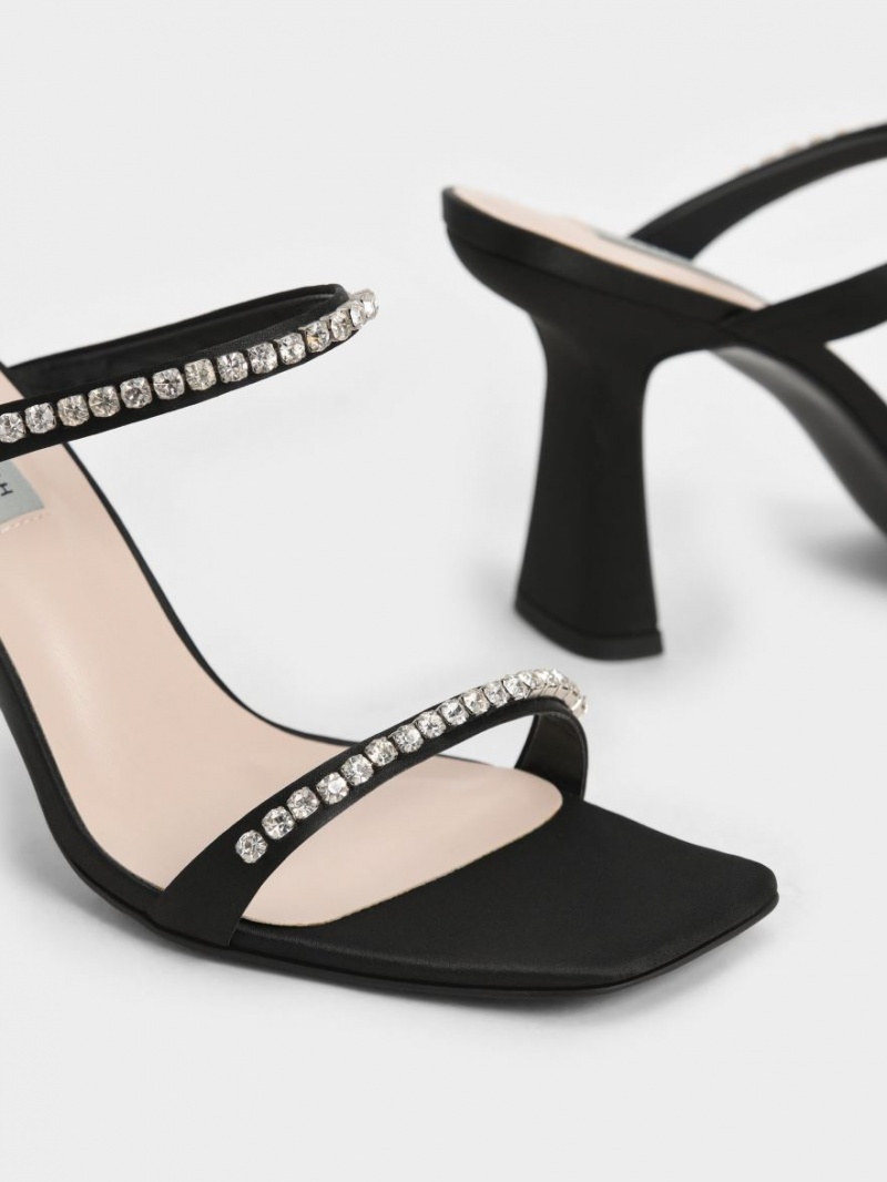 Sandale cu Toc Charles & Keith Satin Gem-Encrusted Negrii | 158DXSFAJ