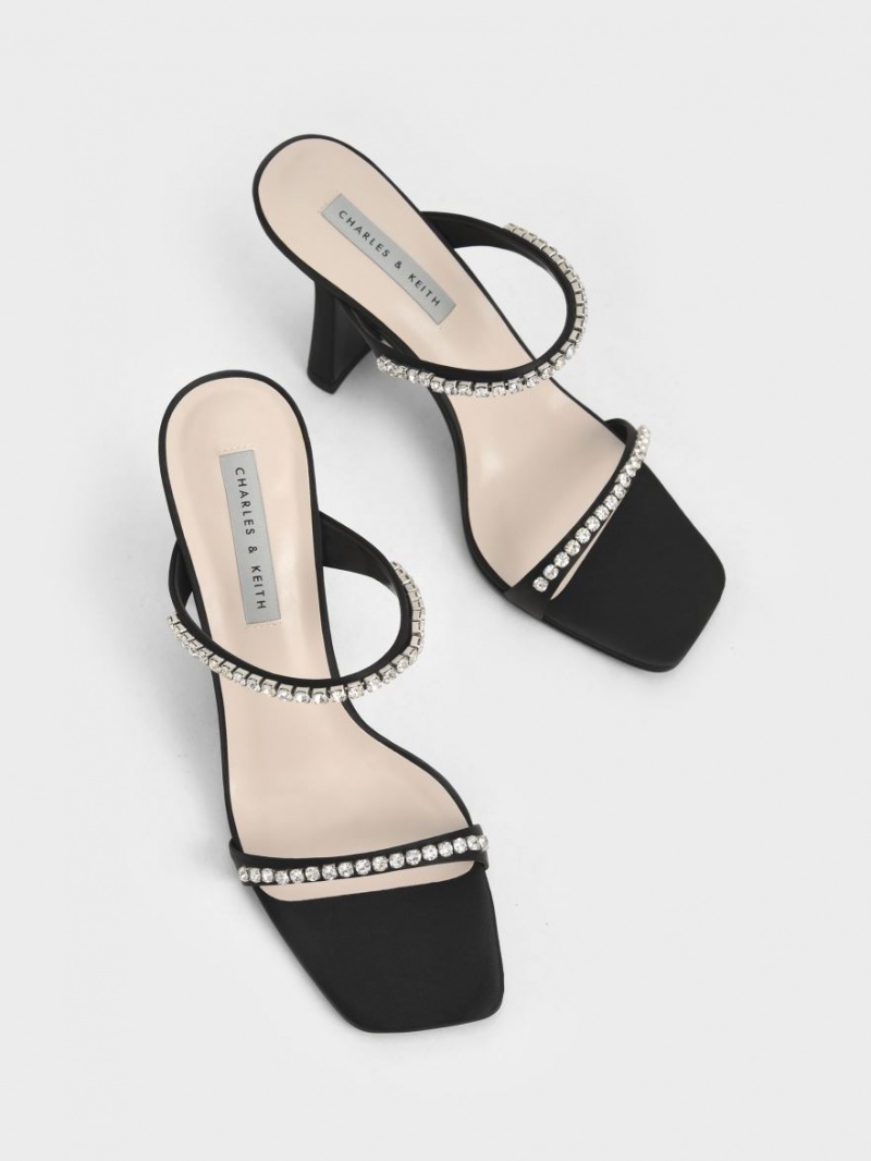 Sandale cu Toc Charles & Keith Satin Gem-Encrusted Negrii | 158DXSFAJ