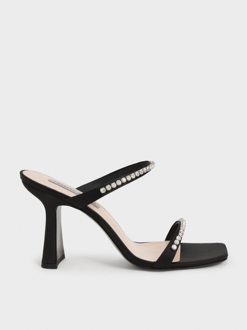 Sandale cu Toc Charles & Keith Satin Gem-Encrusted Negrii | 158DXSFAJ
