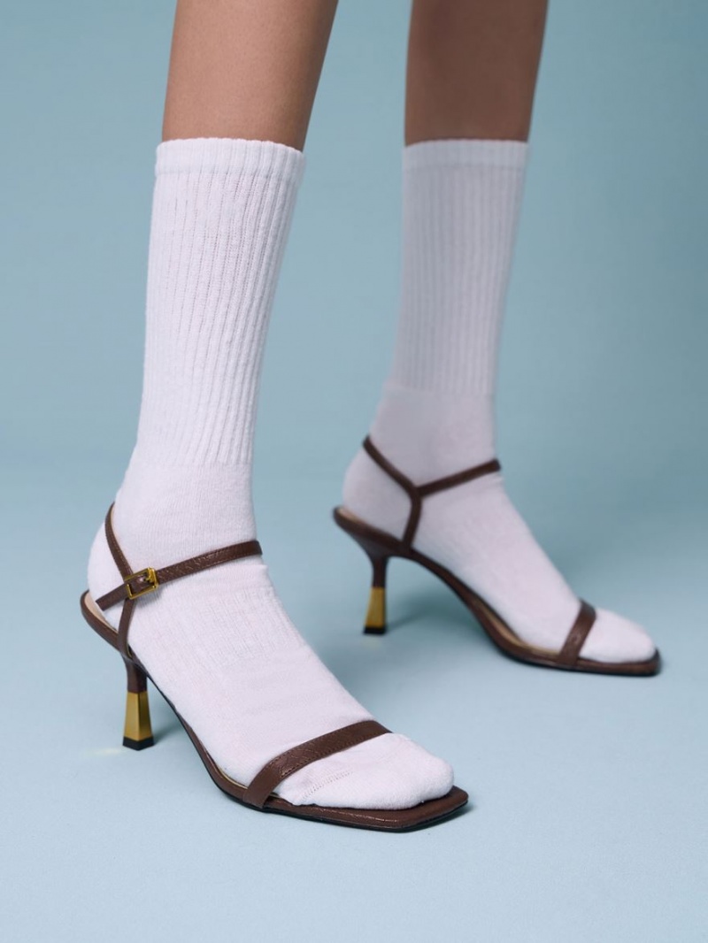 Sandale cu Toc Charles & Keith Snake-Print Ankle-Curea Maro | 572PCJGVS