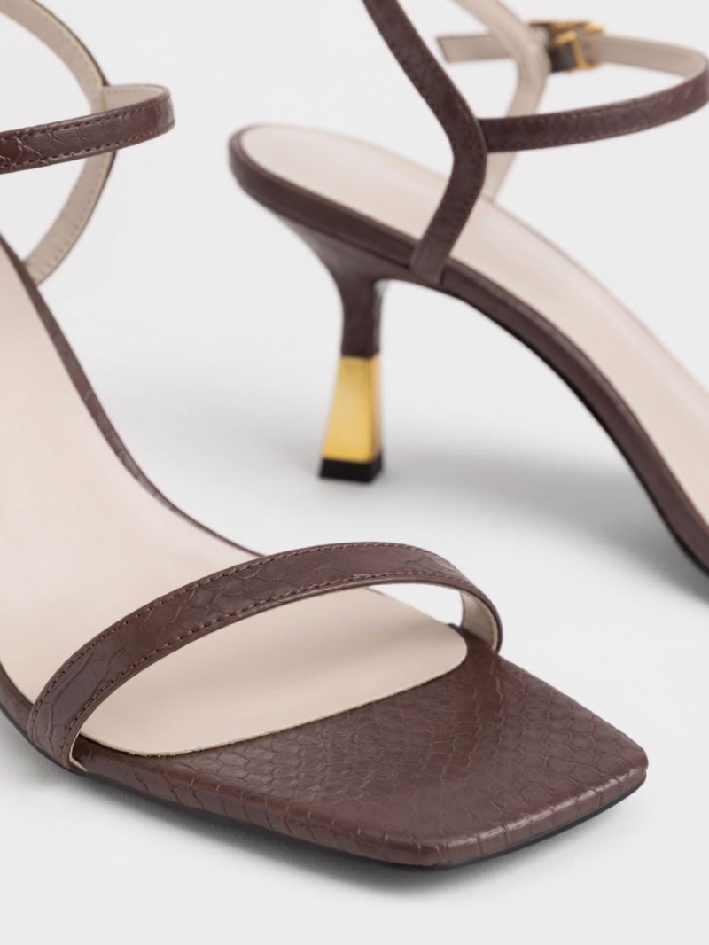 Sandale cu Toc Charles & Keith Snake-Print Ankle-Curea Maro | 572PCJGVS