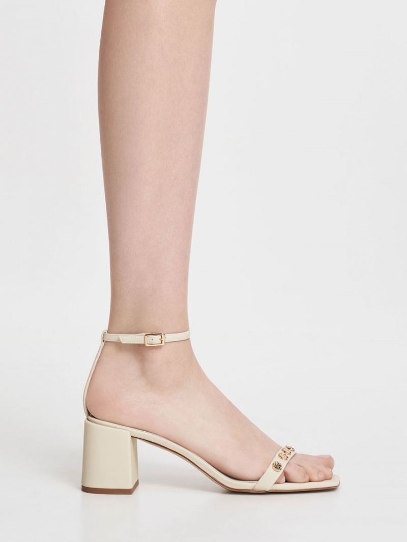 Sandale cu Toc Charles & Keith Studded Ankle-Curea Albi | 846PBEHMZ