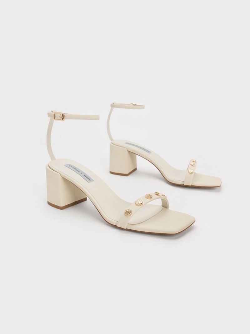 Sandale cu Toc Charles & Keith Studded Ankle-Curea Albi | 846PBEHMZ