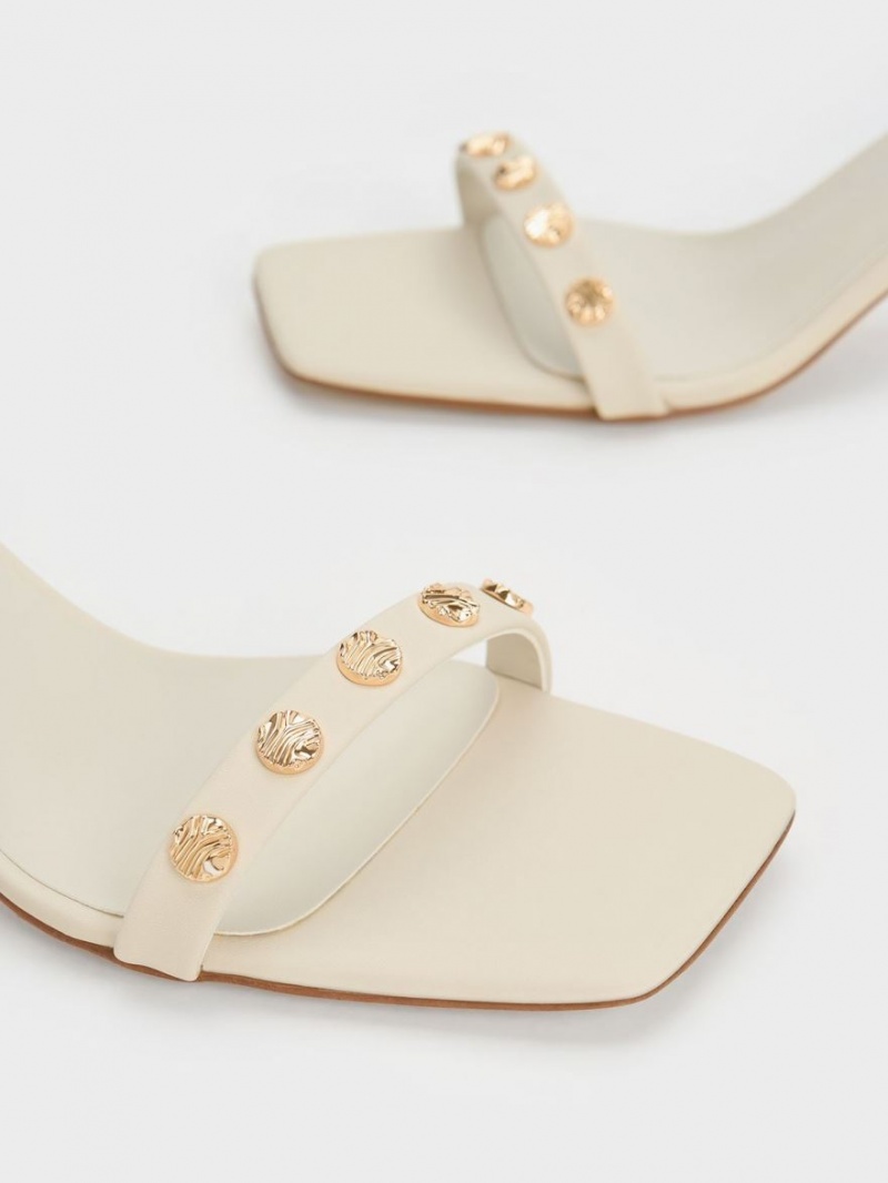 Sandale cu Toc Charles & Keith Studded Ankle-Curea Albi | 846PBEHMZ