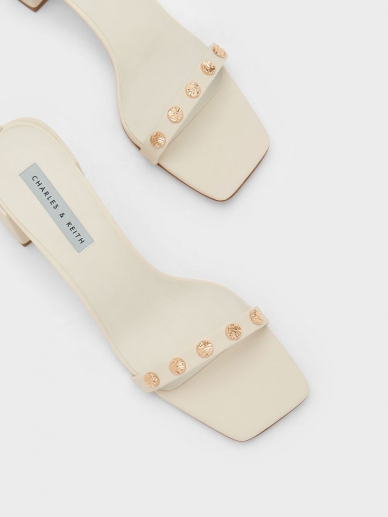 Sandale cu Toc Charles & Keith Studded Ankle-Curea Albi | 846PBEHMZ