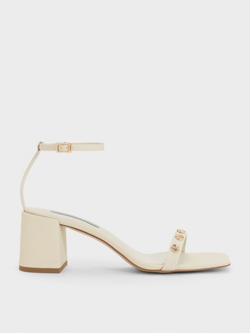 Sandale cu Toc Charles & Keith Studded Ankle-Curea Albi | 846PBEHMZ