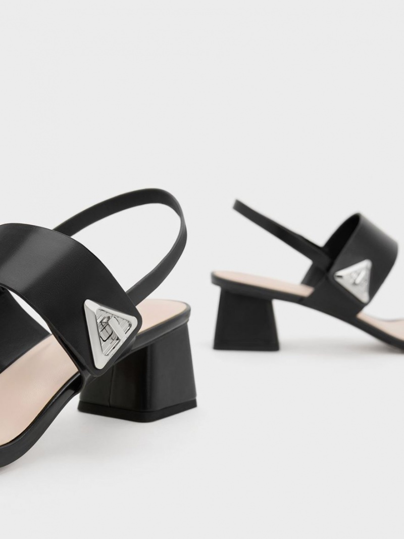 Sandale cu Toc Charles & Keith Trice Metallic Accent Block Negrii | 219RPIUML