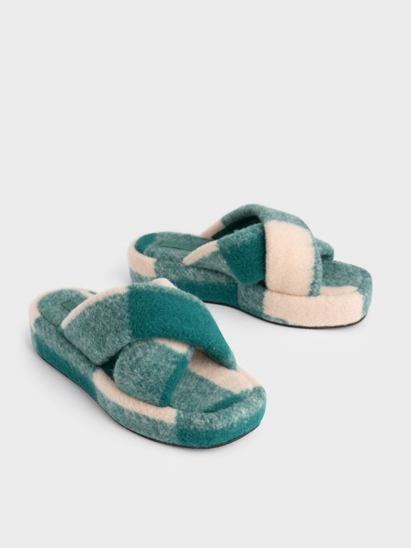 Slapi Charles & Keith Checkered Căptușită Crossover Flatforms Verzi | 701VBTINQ