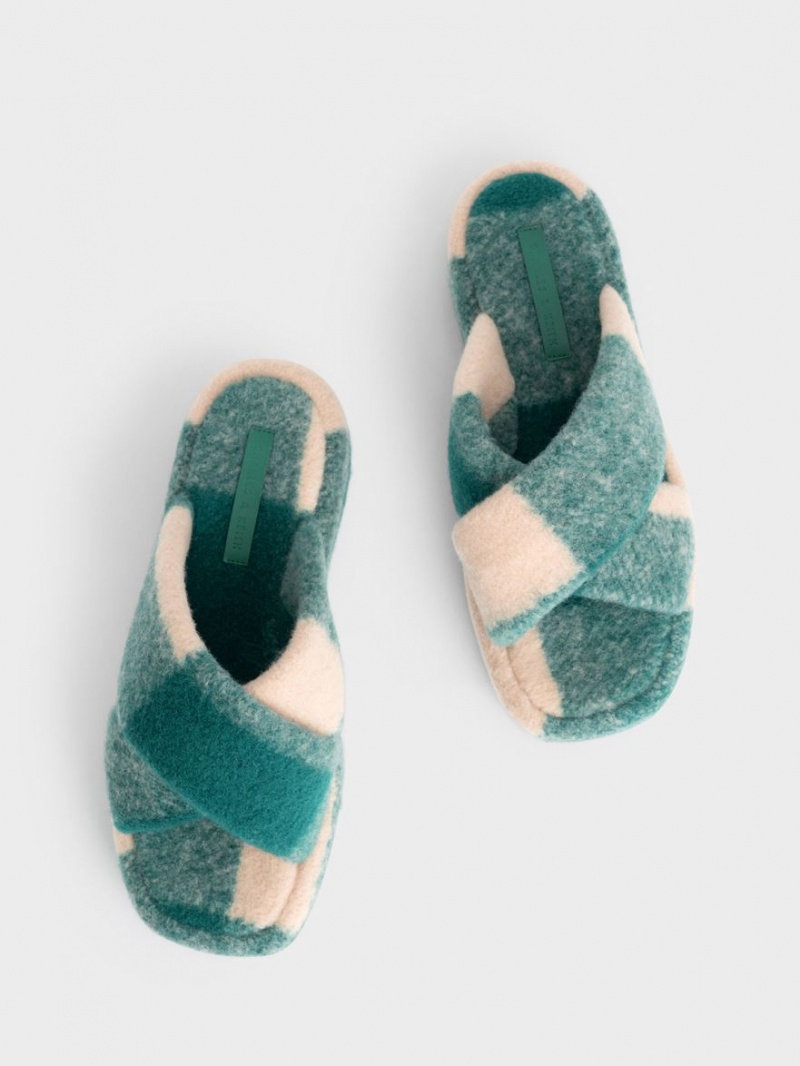 Slapi Charles & Keith Checkered Căptușită Crossover Flatforms Verzi | 701VBTINQ