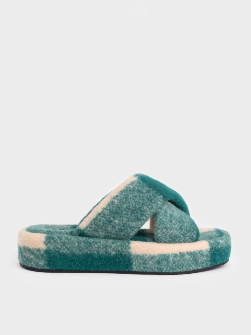 Slapi Charles & Keith Checkered Căptușită Crossover Flatforms Verzi | 701VBTINQ
