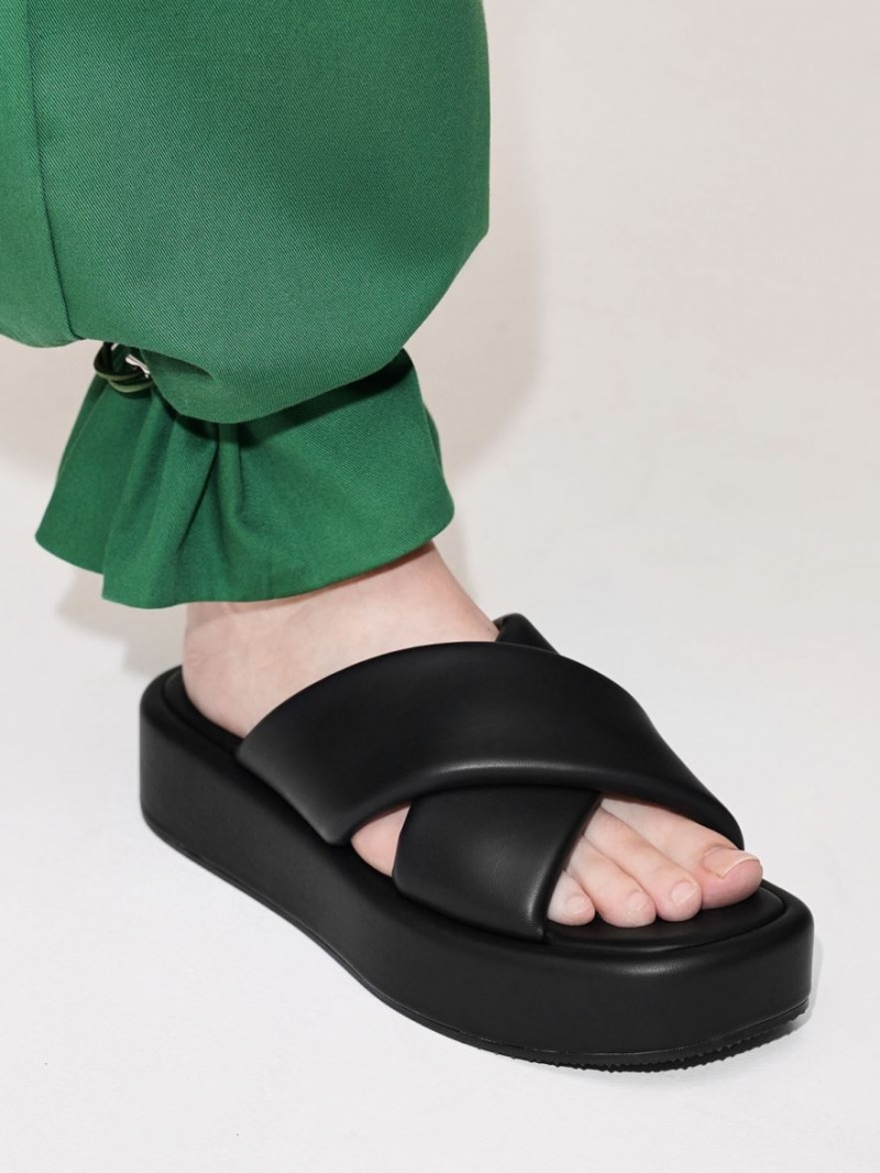 Slapi Charles & Keith Căptușită Crossover Flatforms Negrii | 086XCVESG